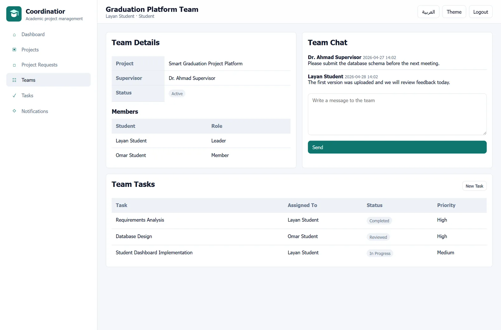 Team chat and task workspace in Coordinatior