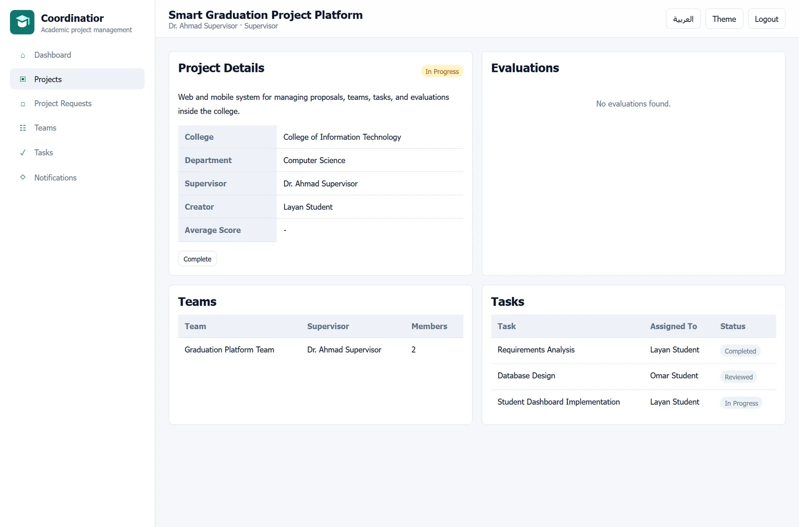 Project details and team tasks in Coordinatior