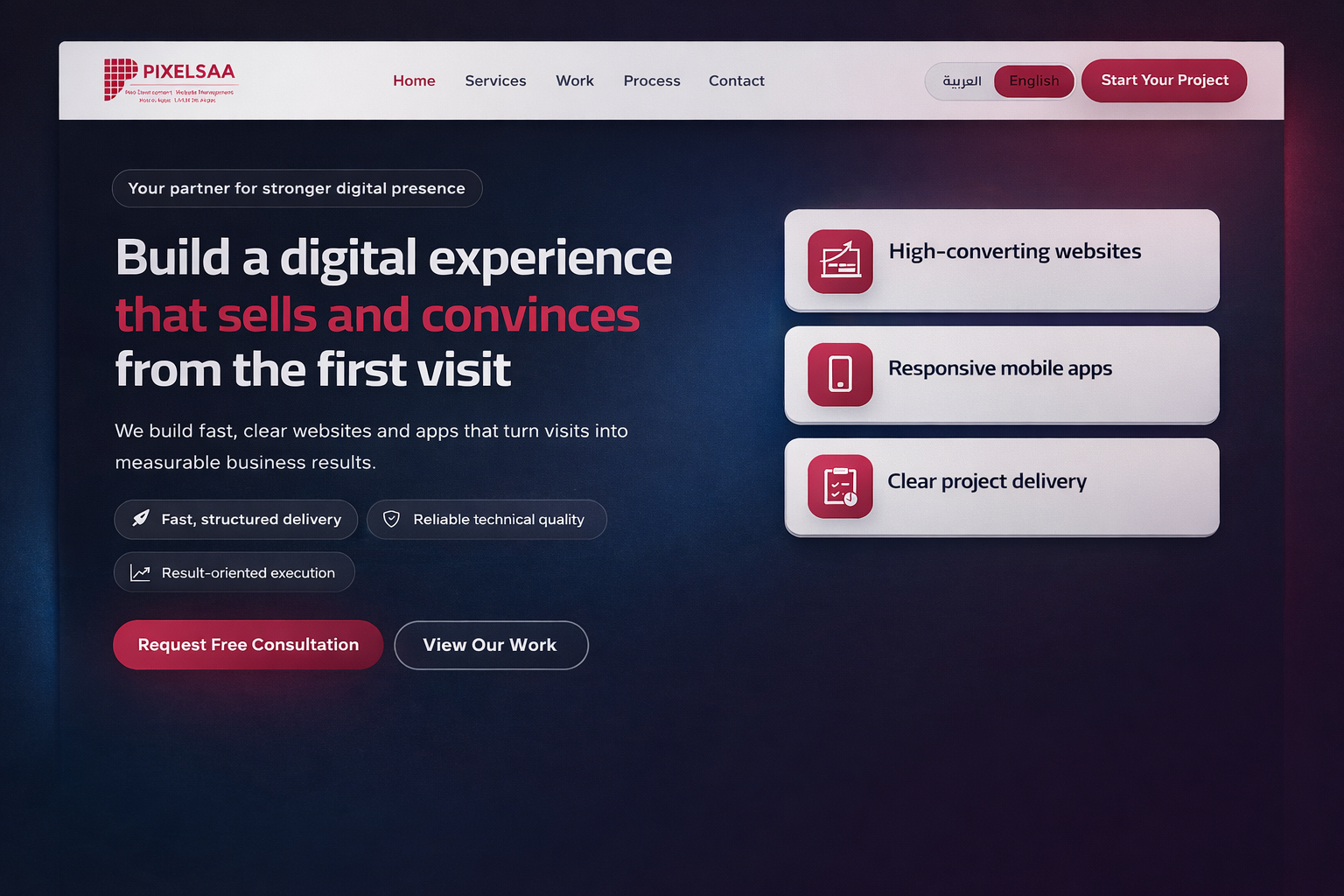 PIXELSAA Agency Website landing page showing hero, services, work, process, CTA, and contact form